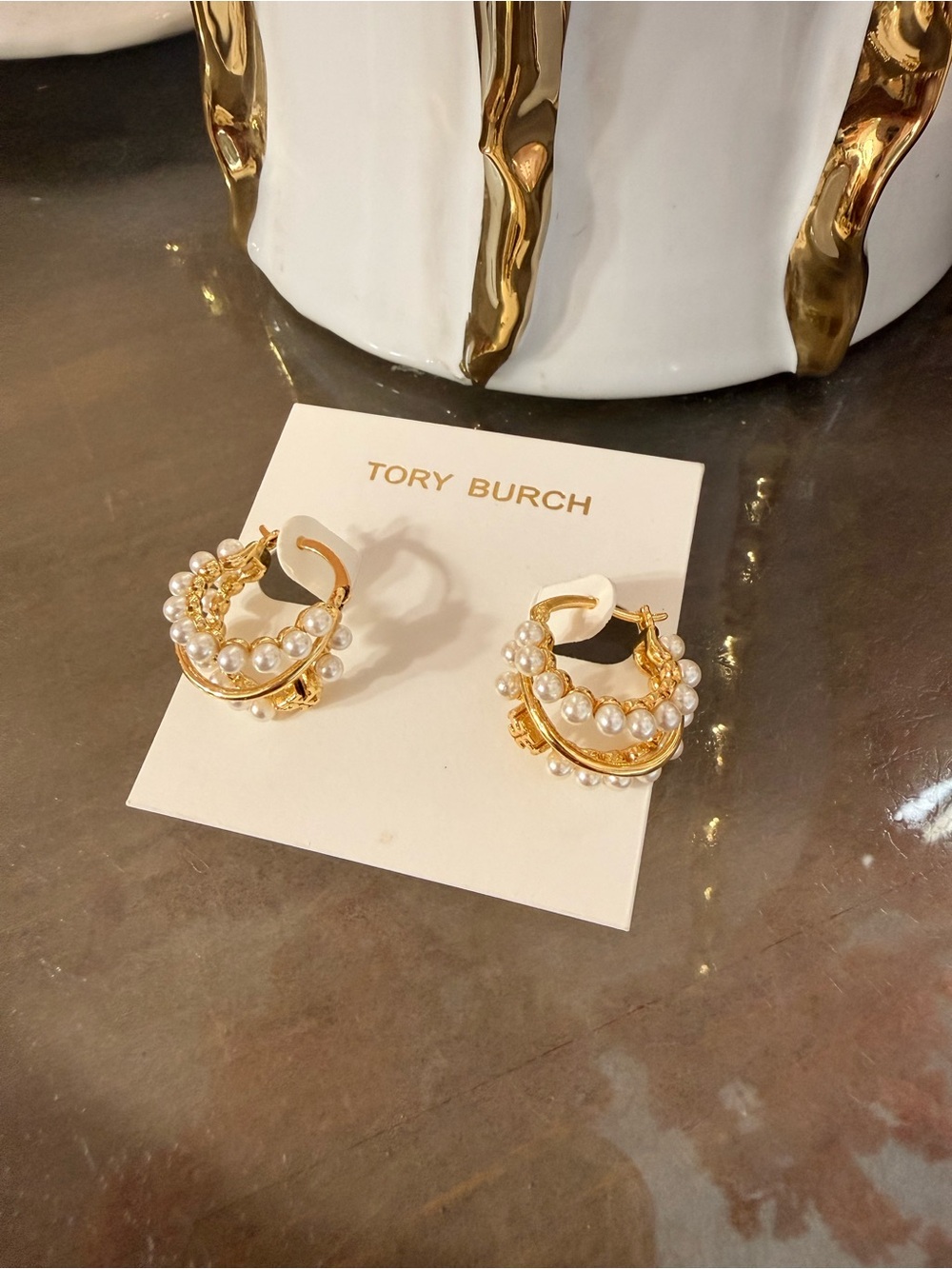 Tory Burch Gold and Pearl Trio Cluster Hoop Earrings